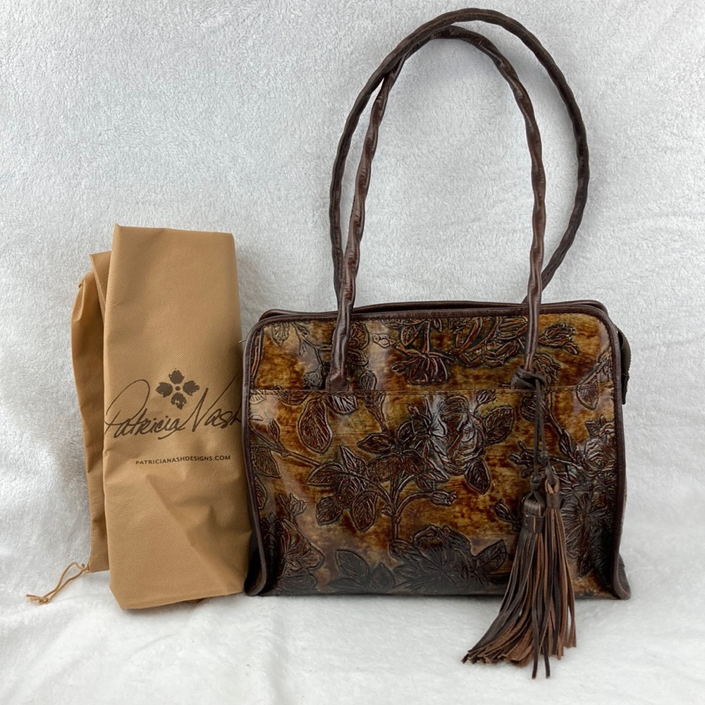 Patricia Nash Large Paris Floral Embossed Leather Shoulder Bag w/ Dust Bag
